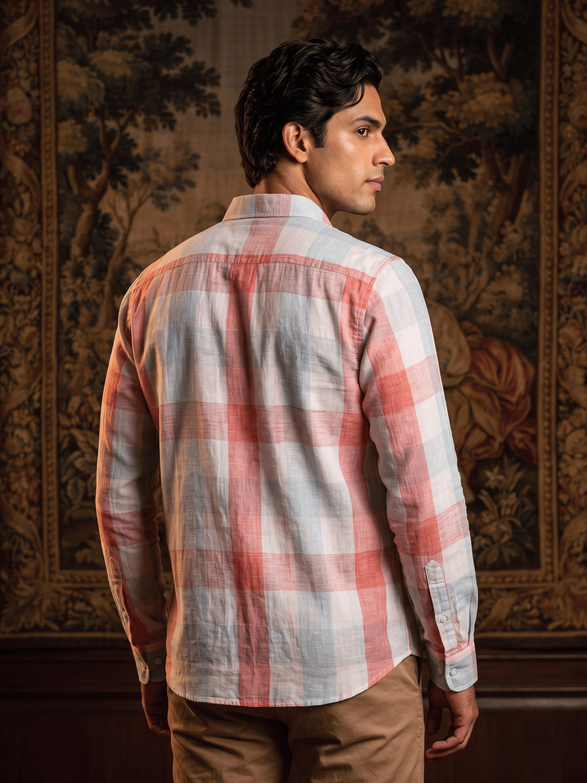Red Checked Lyocell Linen Slim Fit Full Sleeve Shirt
