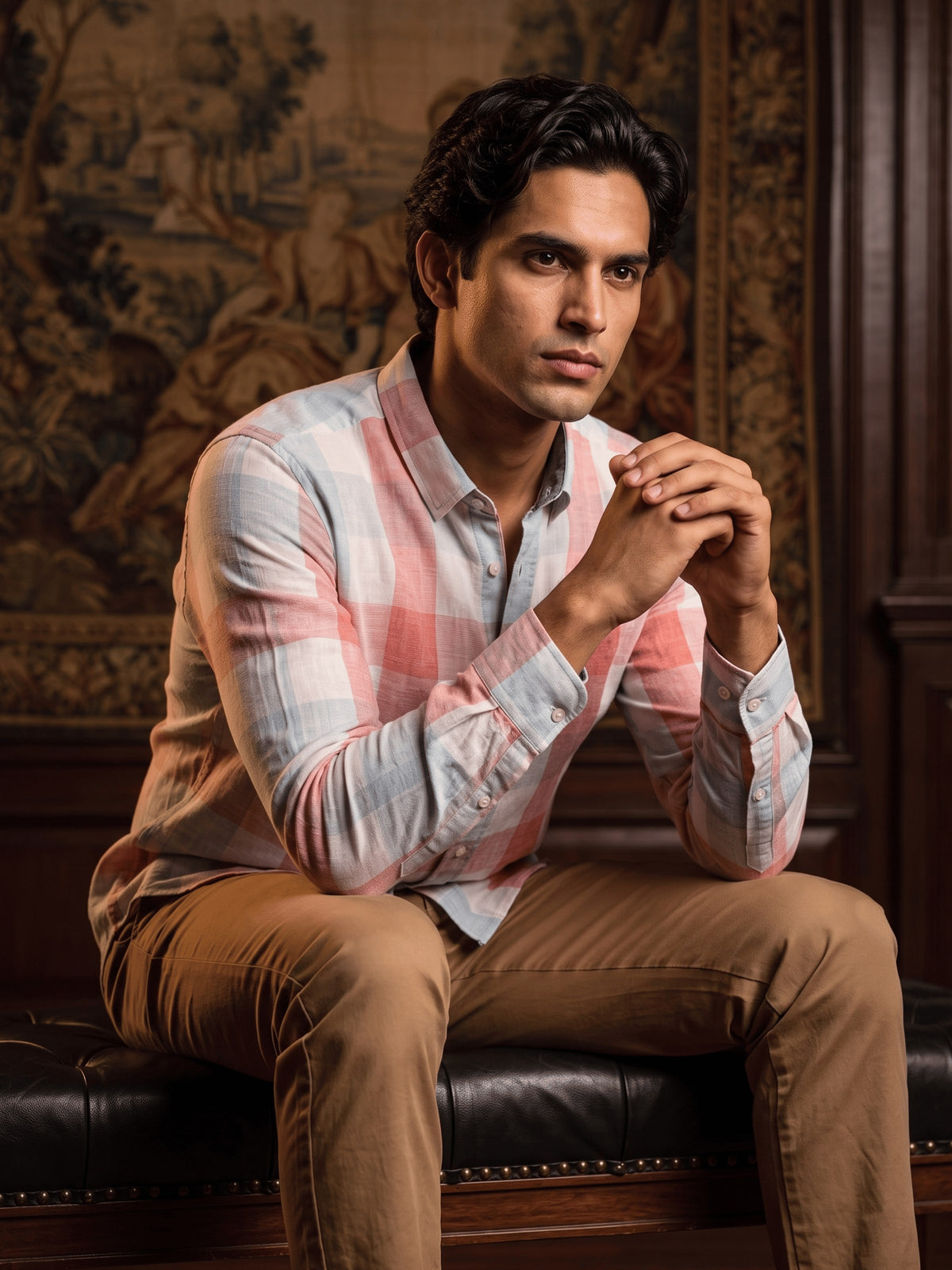 Red Checked Lyocell Linen Slim Fit Full Sleeve Shirt