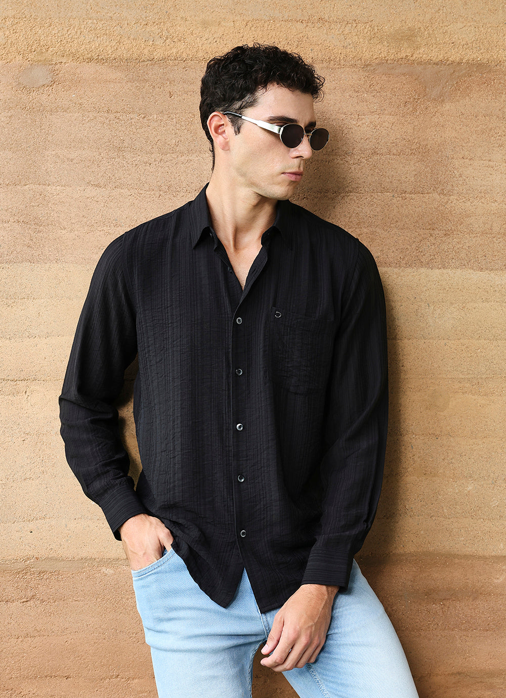 Black Stripes Cotton Satin Slim Fit Shirt