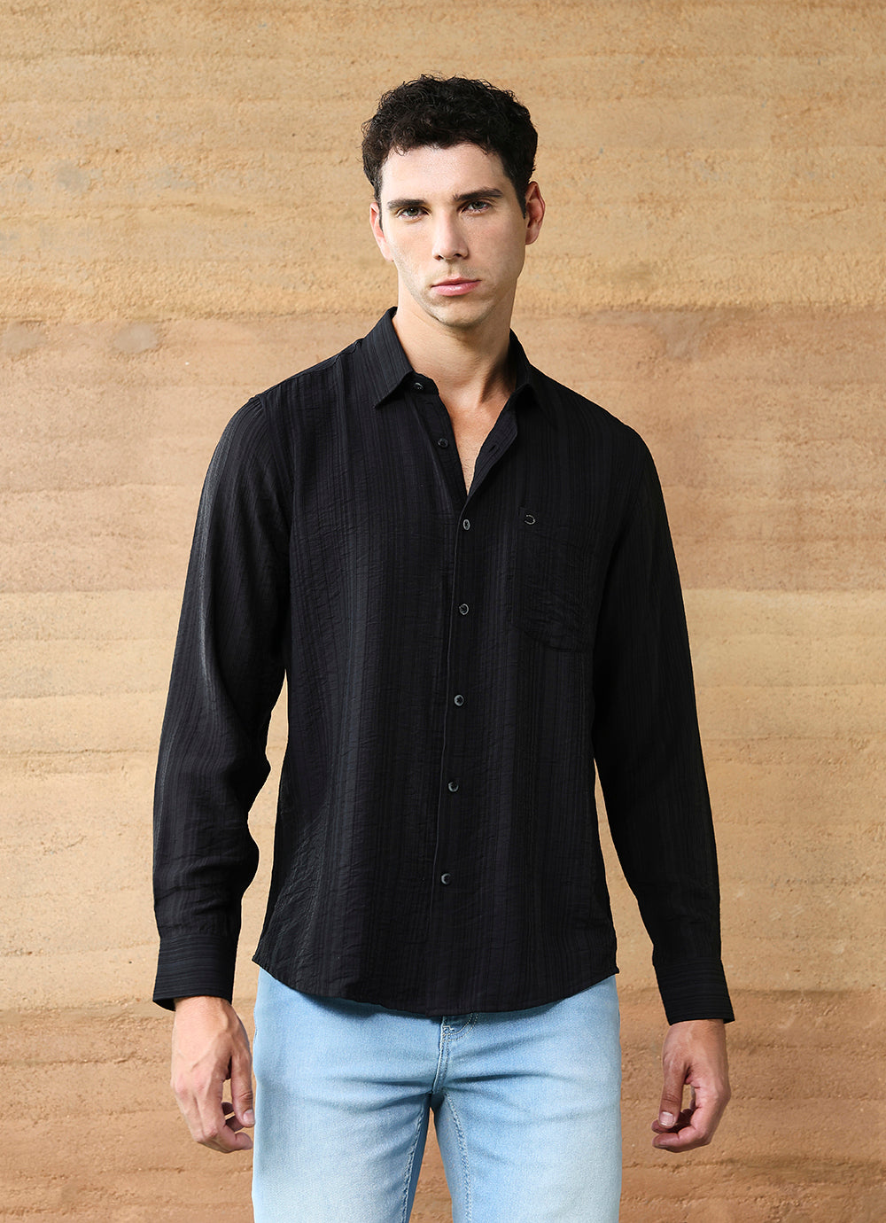 Black Stripes Cotton Satin Slim Fit Shirt