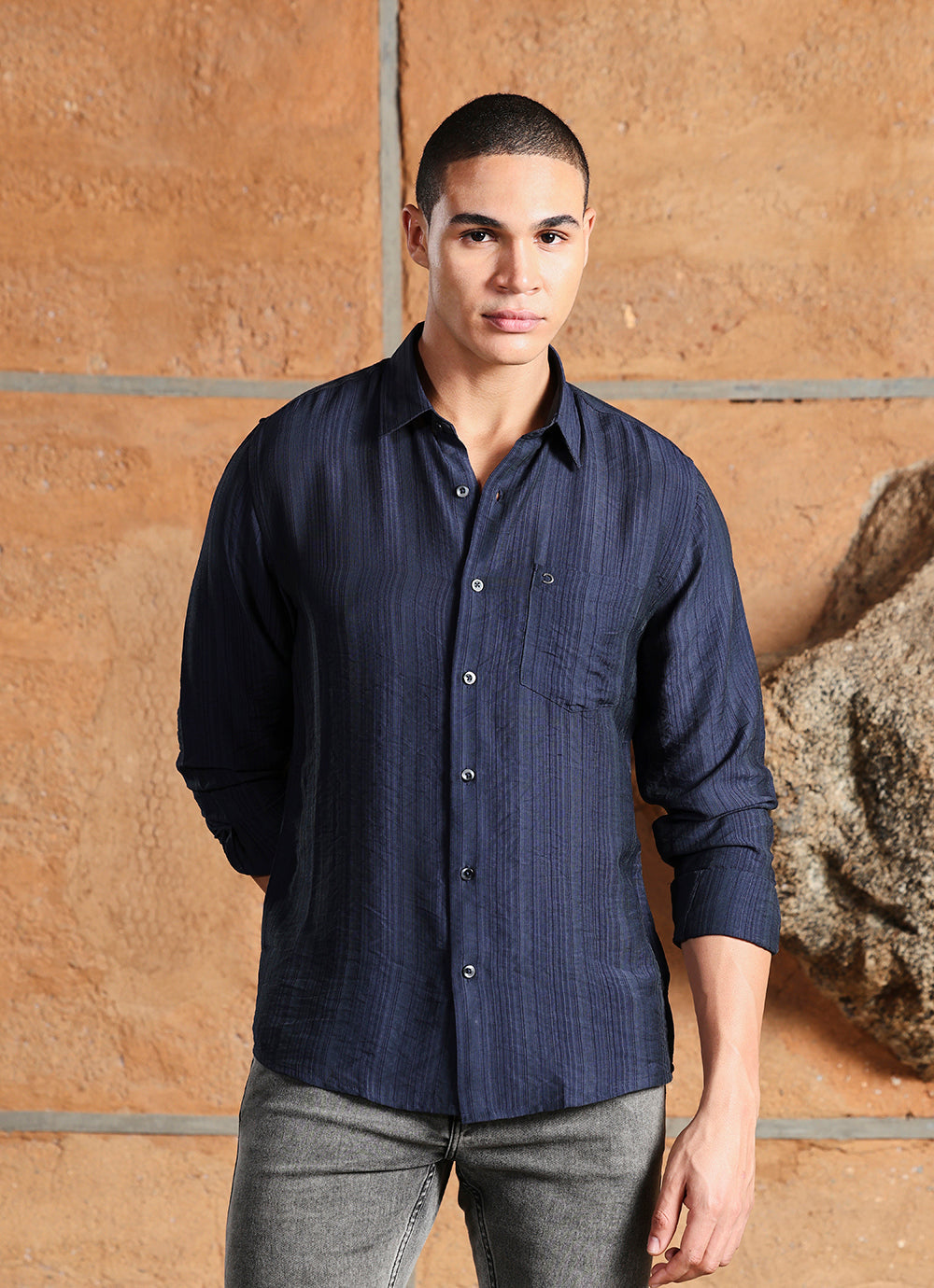 Navy Stripes Cotton Satin Slim Fit Shirt