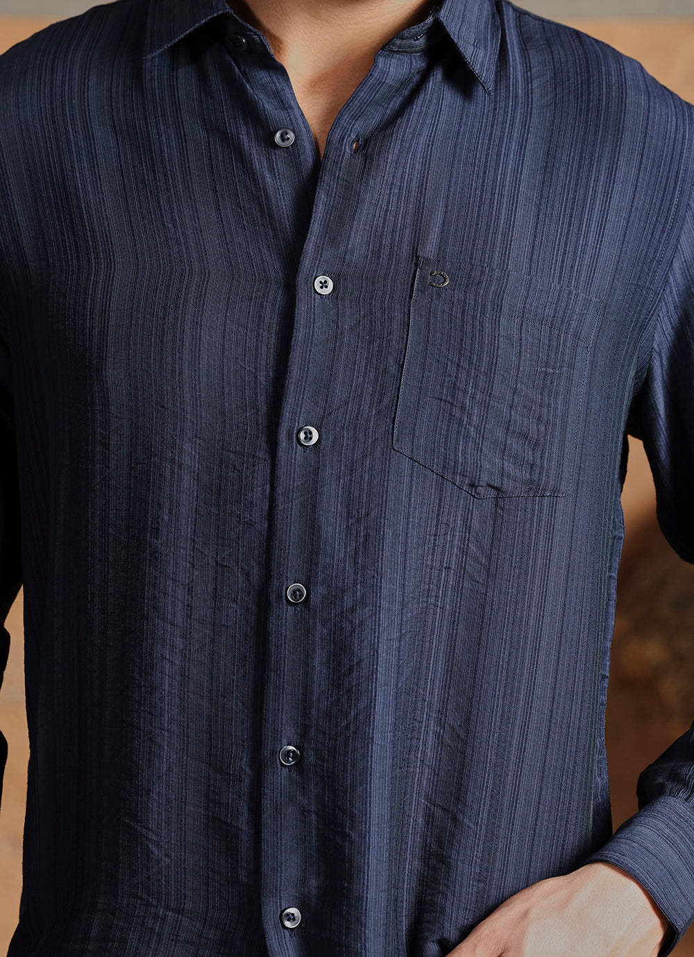 Navy Stripes Cotton Satin Slim Fit Shirt