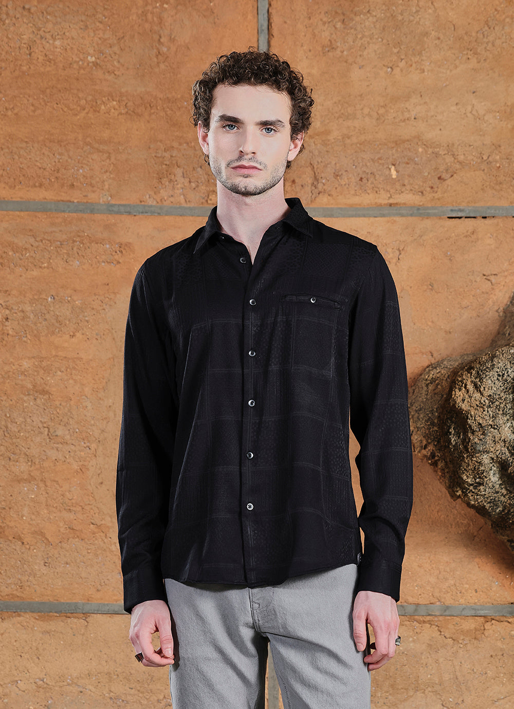 Black Print Cotton Jacquard Slim Fit Shirt