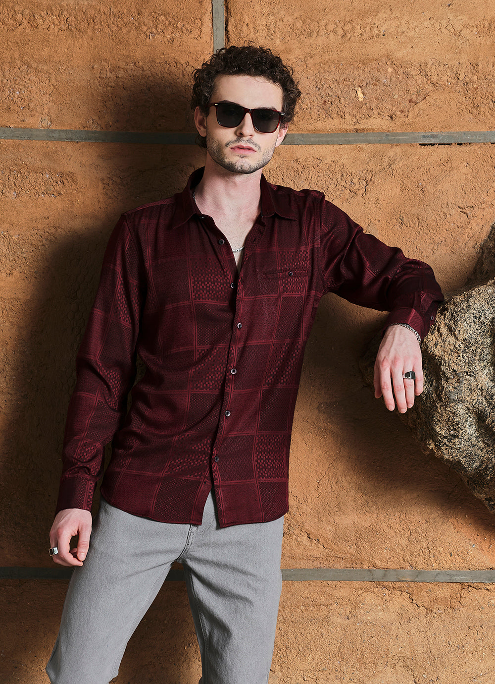 Maroon Print Cotton Jacquard Slim Fit Shirt