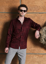 Maroon Print Cotton Jacquard Slim Fit Shirt