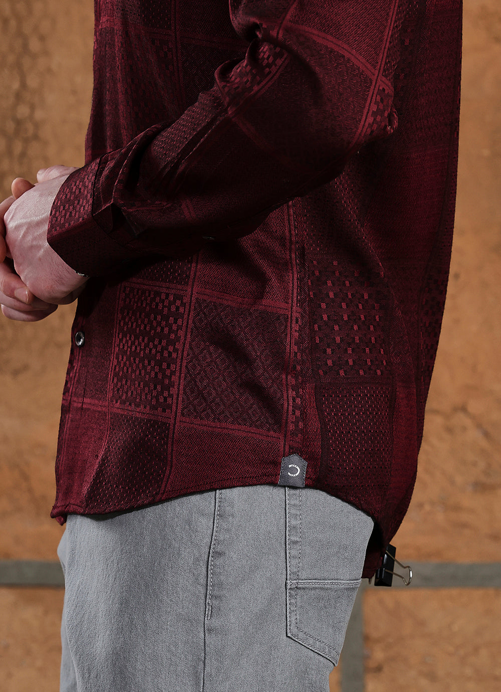 Maroon Print Cotton Jacquard Slim Fit Shirt