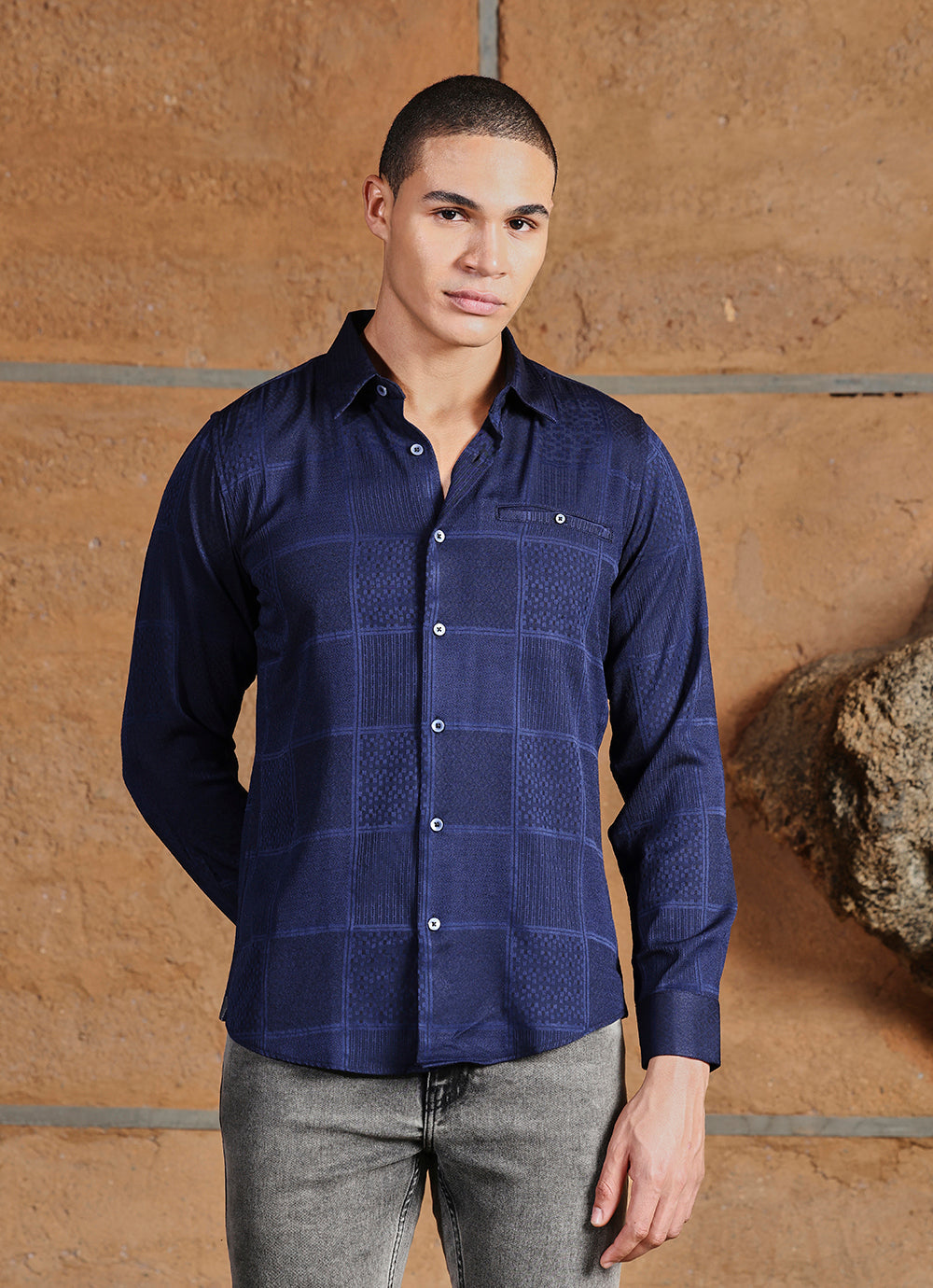 Navy Print Cotton Jacquard Slim Fit Shirt