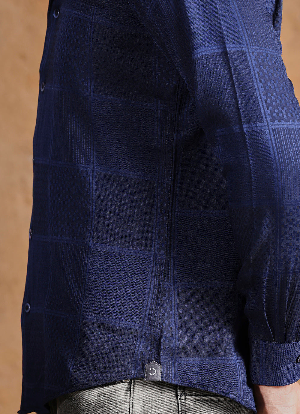 Navy Print Cotton Jacquard Slim Fit Shirt