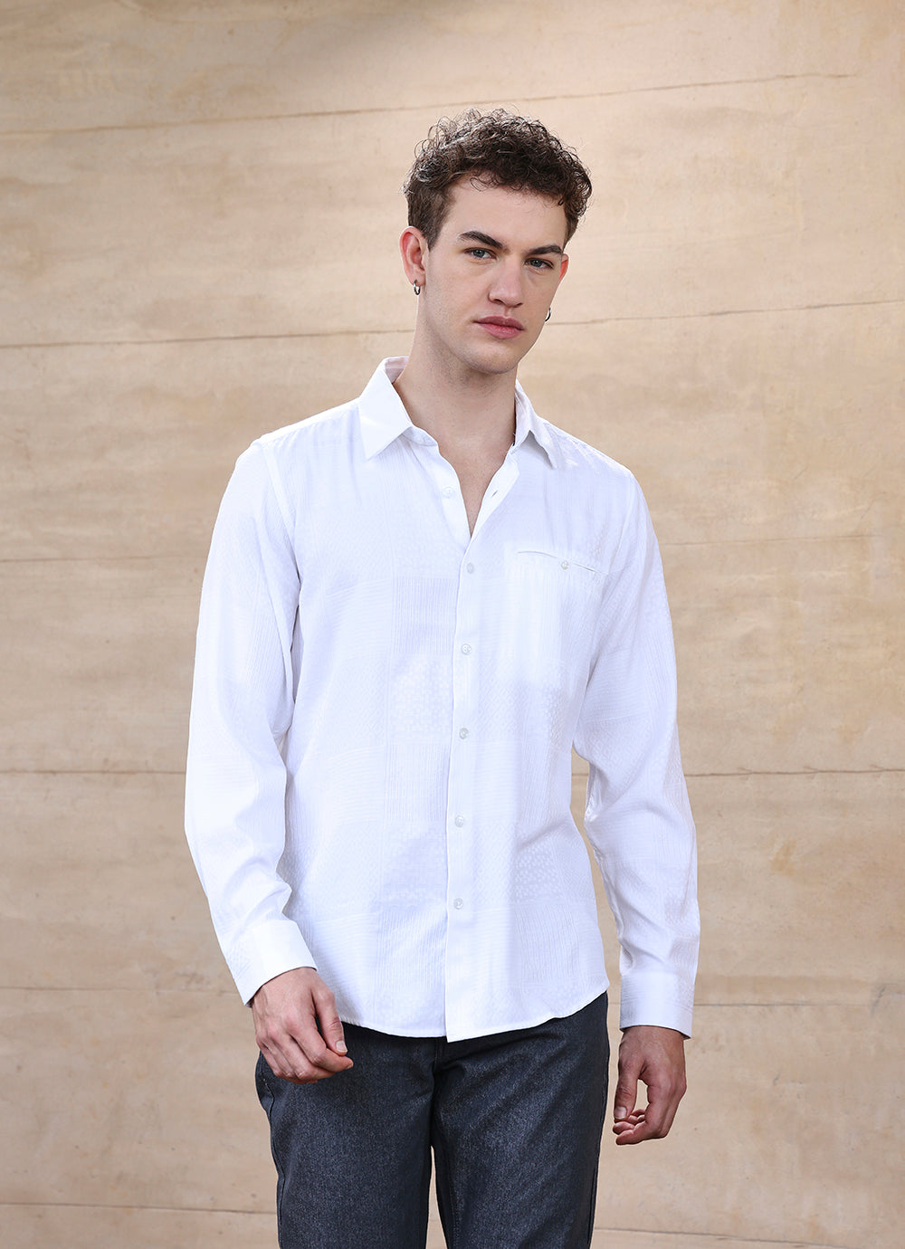 White Print Cotton Jacquard Slim Fit Shirt