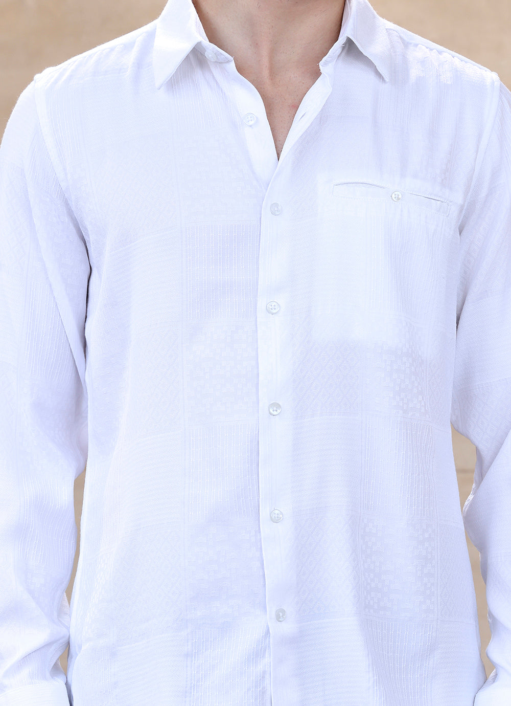 White Print Cotton Jacquard Slim Fit Shirt