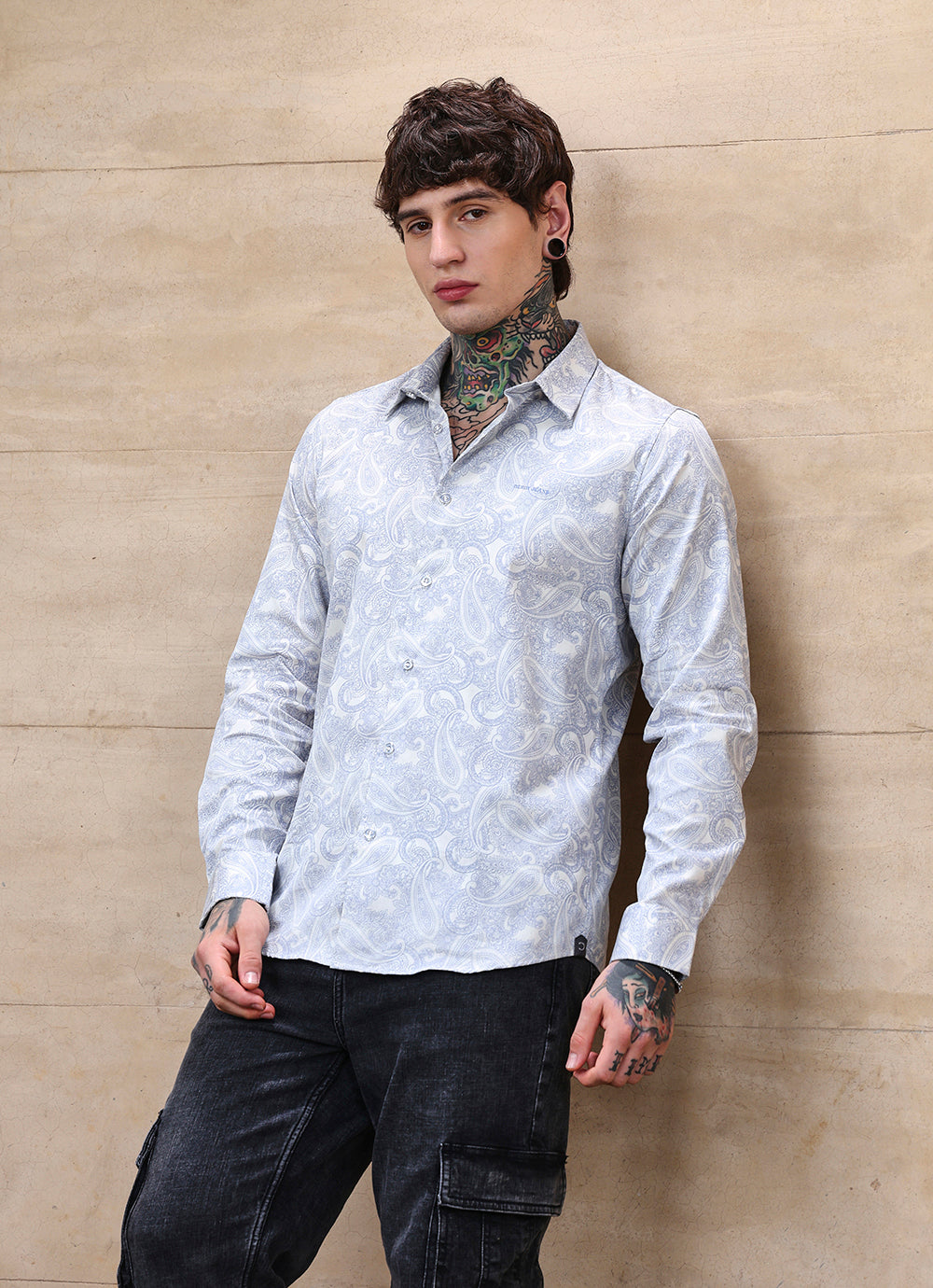 Blue Print Cotton Satin Slim Fit Shirt