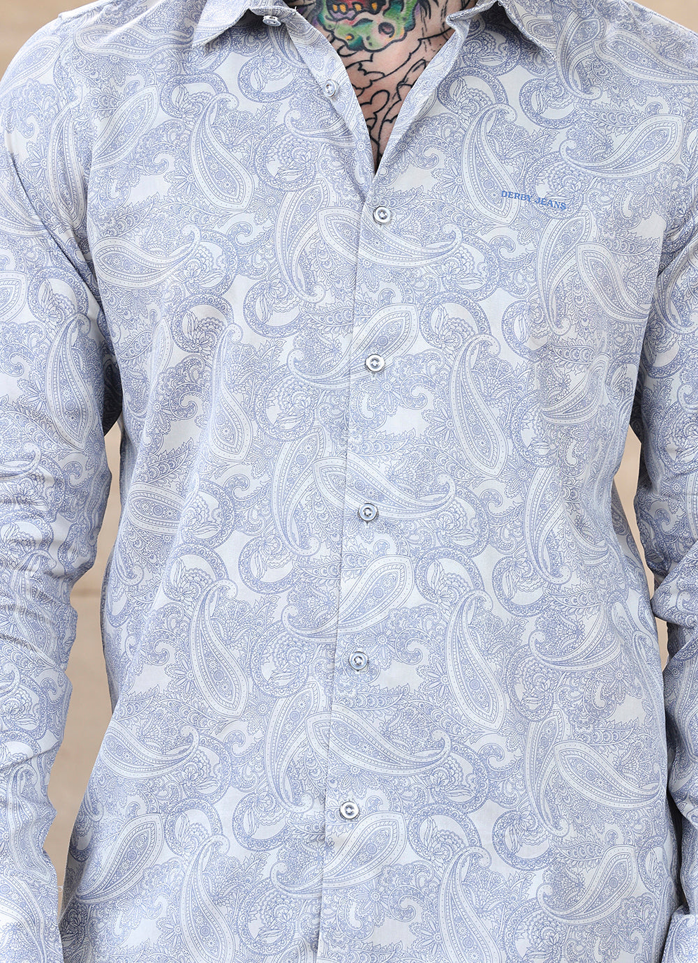 Blue Print Cotton Satin Slim Fit Shirt