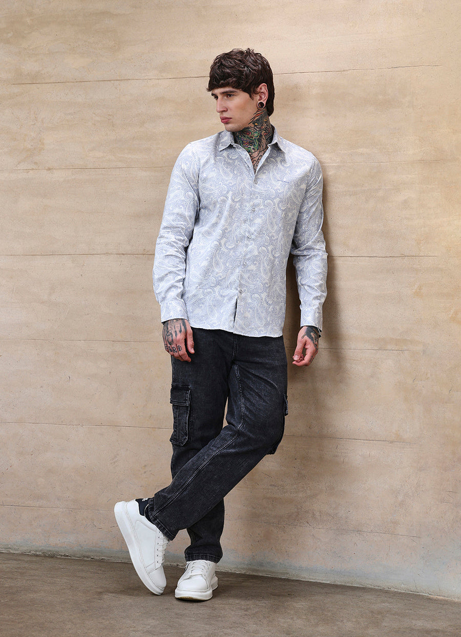 Blue Print Cotton Satin Slim Fit Shirt