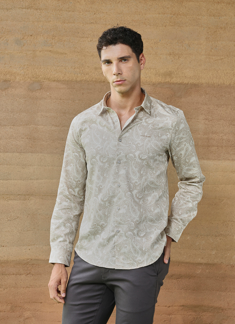Brown Print Cotton Satin Slim Fit Shirt