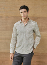 Brown Print Cotton Satin Slim Fit Shirt