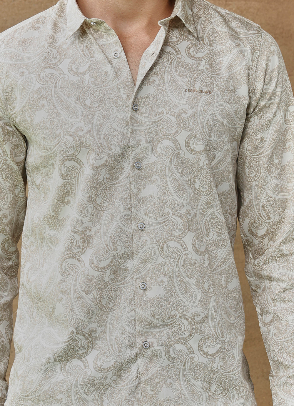 Brown Print Cotton Satin Slim Fit Shirt