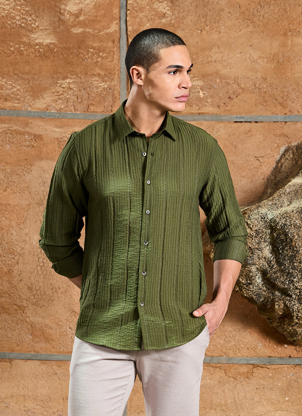 Olive Solids Cotton Blend Slim Fit Shirt
