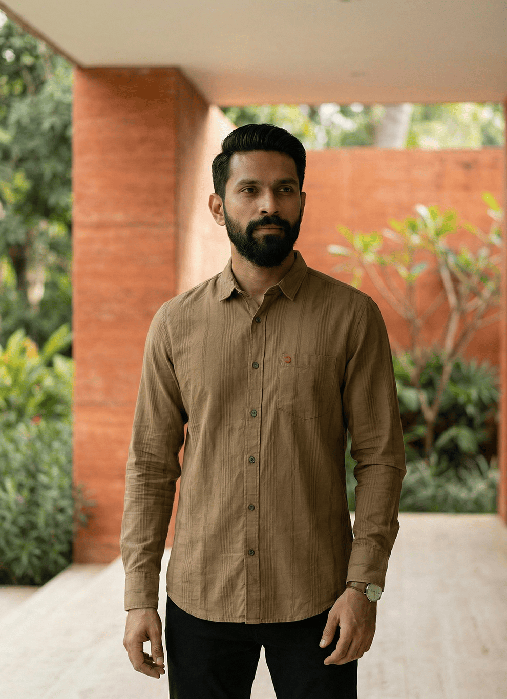Brown Cotton Slim Fit Full Sleeve Shirt