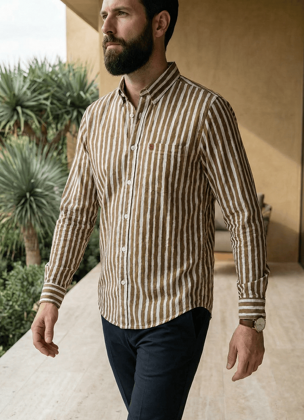 Khaki Cotton Slim Fit Full Sleeve Shirt