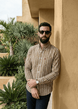 Khaki Cotton Stripes Slim Fit Full Sleeve Shirt