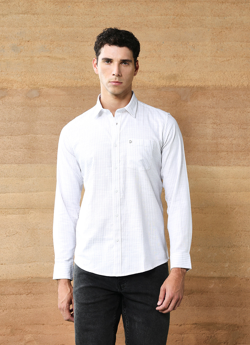 Grey Stripes Cotton Slim Fit Shirt