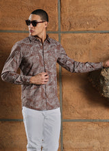 Brown Print Cotton Slim Fit Shirt