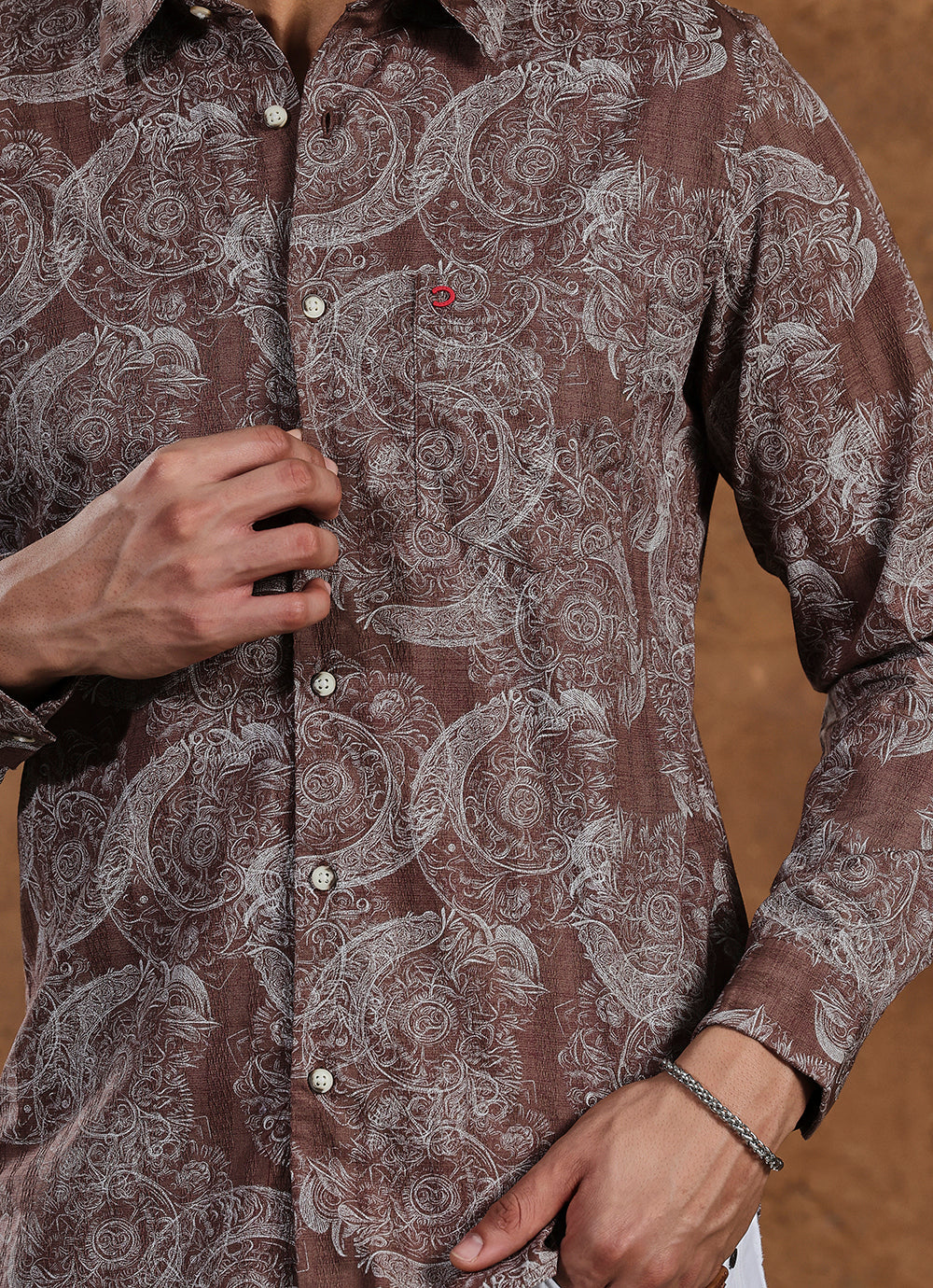 Brown Print Cotton Slim Fit Shirt