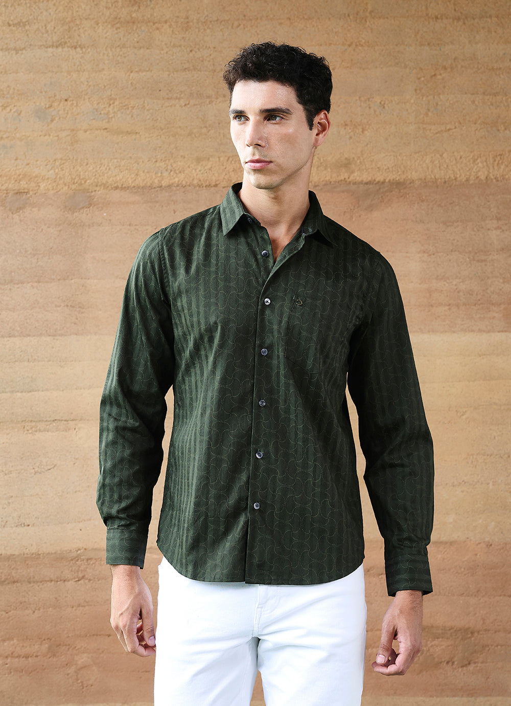 Green Print Cotton Satin Slim Fit Shirt