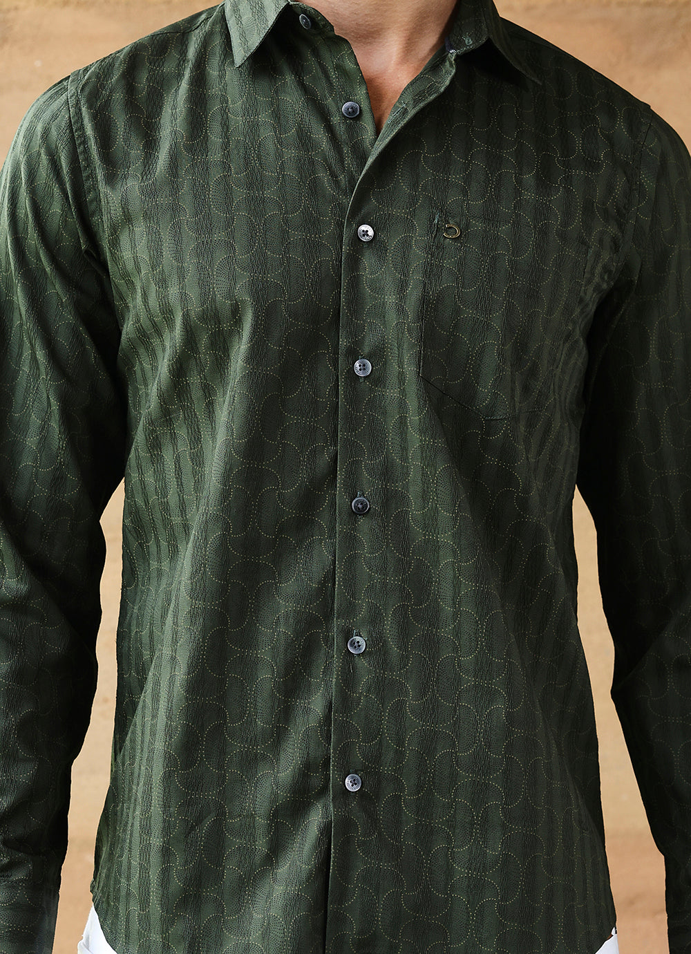 Green Print Cotton Satin Slim Fit Shirt