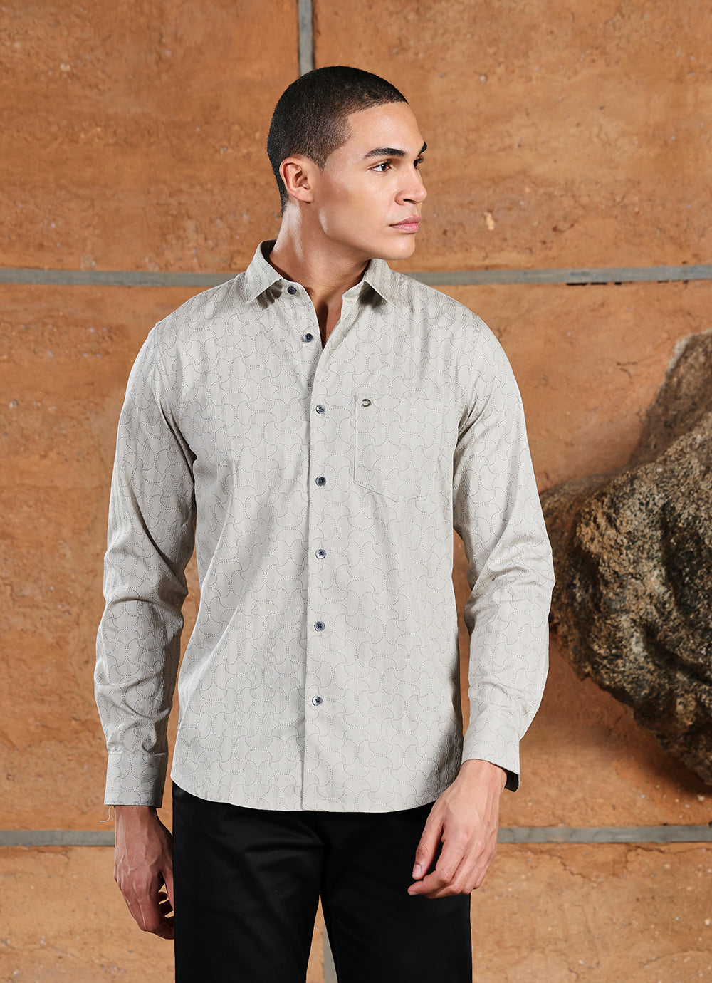 Grey Print Cotton Satin Slim Fit Shirt