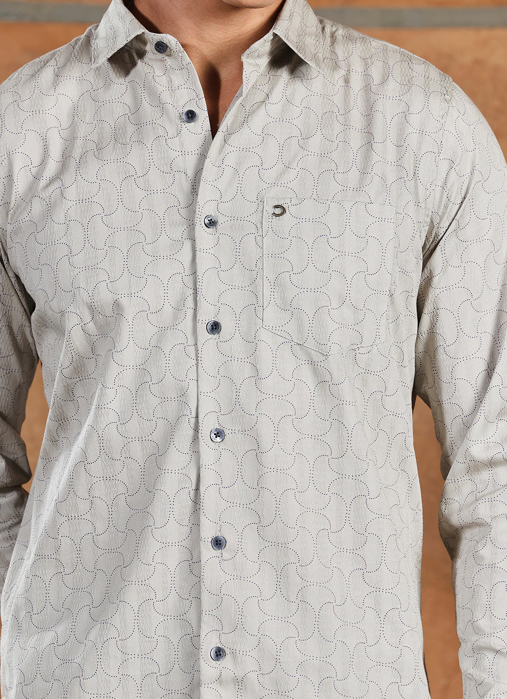 Grey Print Cotton Satin Slim Fit Shirt