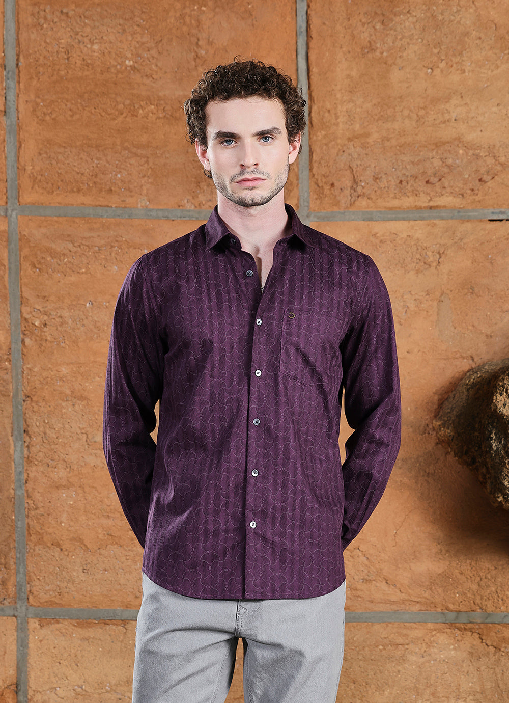 Purple Print Cotton Satin Slim Fit Shirt