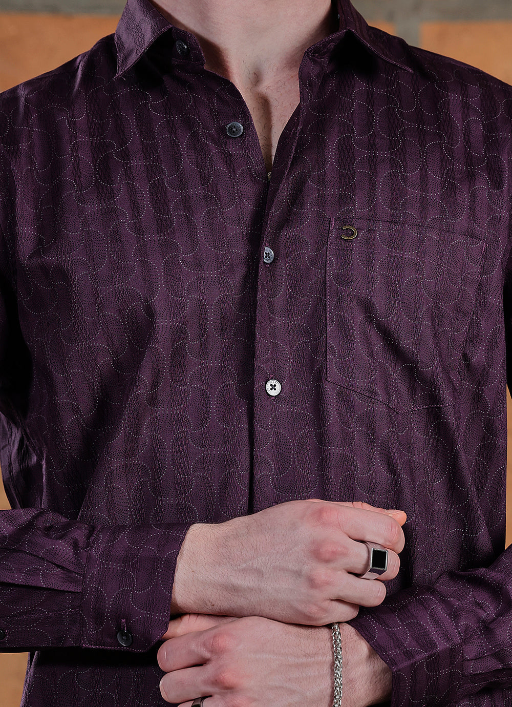 Purple Print Cotton Satin Slim Fit Shirt