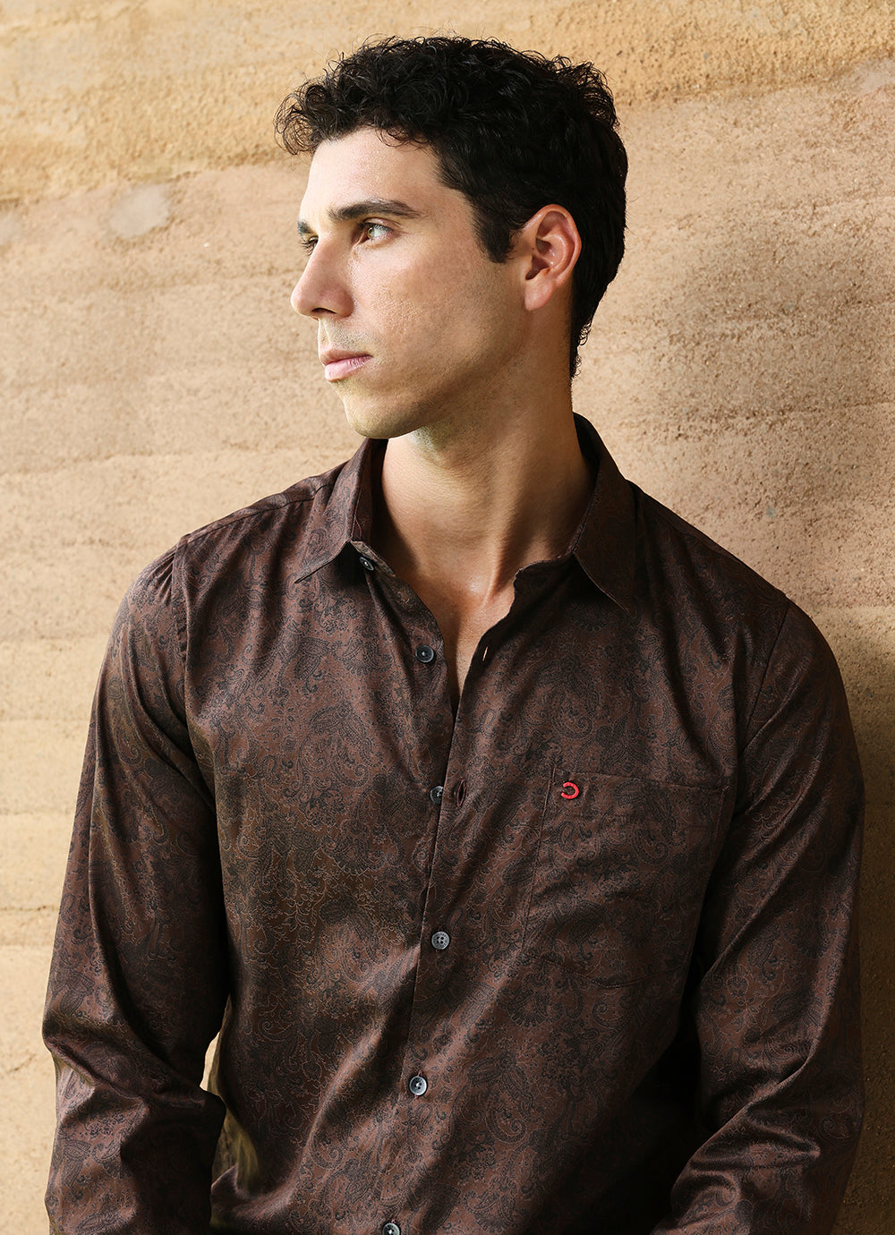 Brown Print Cotton Satin Slim Fit Shirt