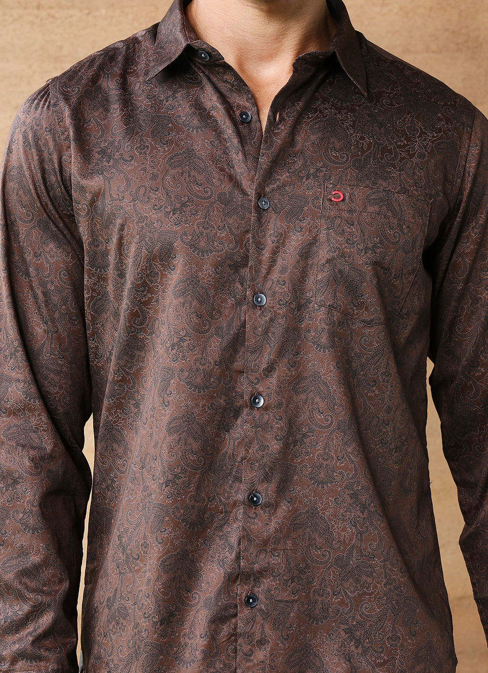 Brown Print Cotton Satin Slim Fit Shirt