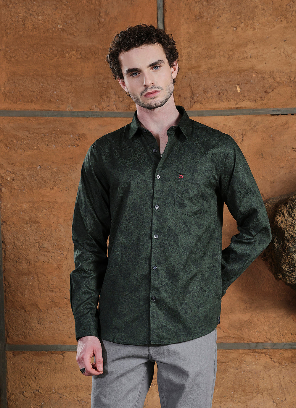 Green Print Cotton Satin Slim Fit Shirt