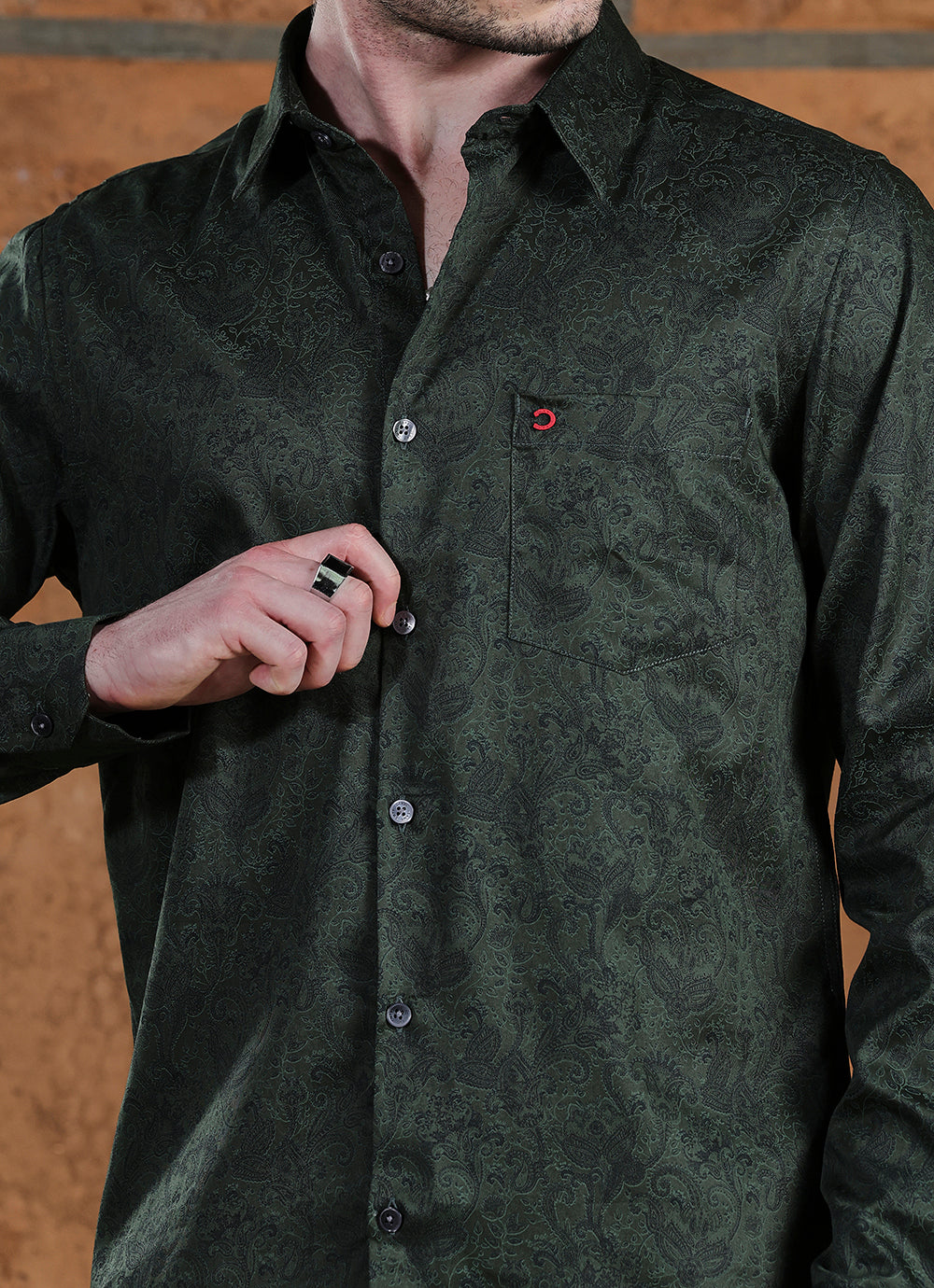 Green Print Cotton Satin Slim Fit Shirt
