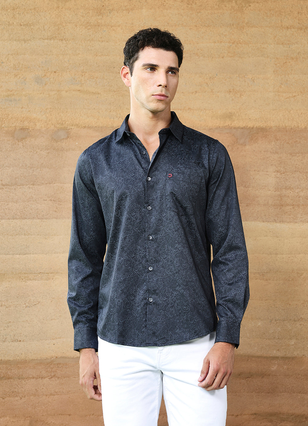 Navy Print Cotton Satin Slim Fit Shirt