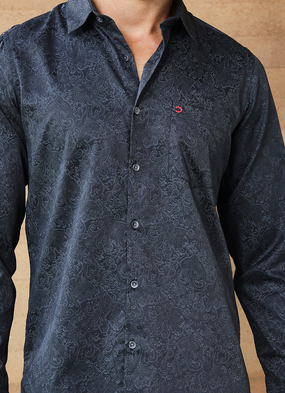 Navy Print Cotton Satin Slim Fit Shirt