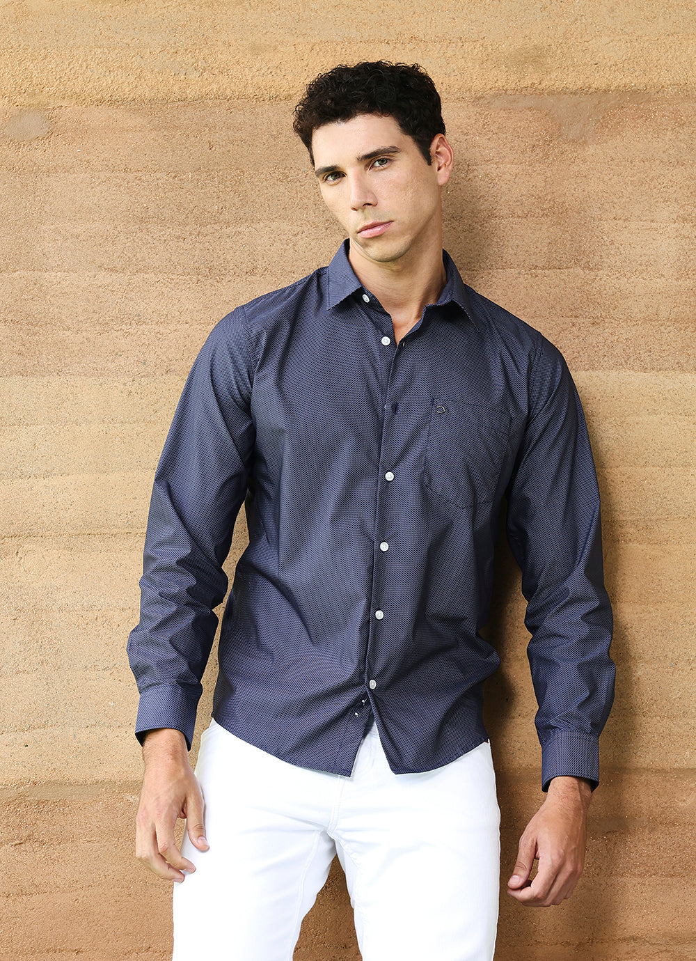Navy Solids Cotton Slim Fit Shirt
