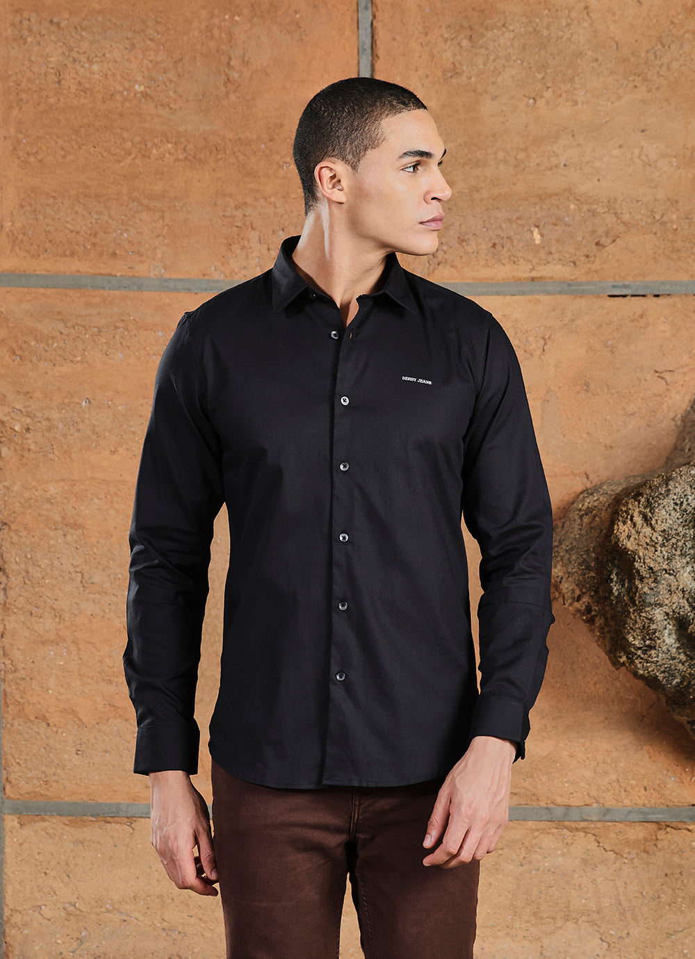 Black Solids Crepe Satin Slim Fit Shirt