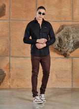 Black Solids Crepe Satin Slim Fit Shirt, view 5