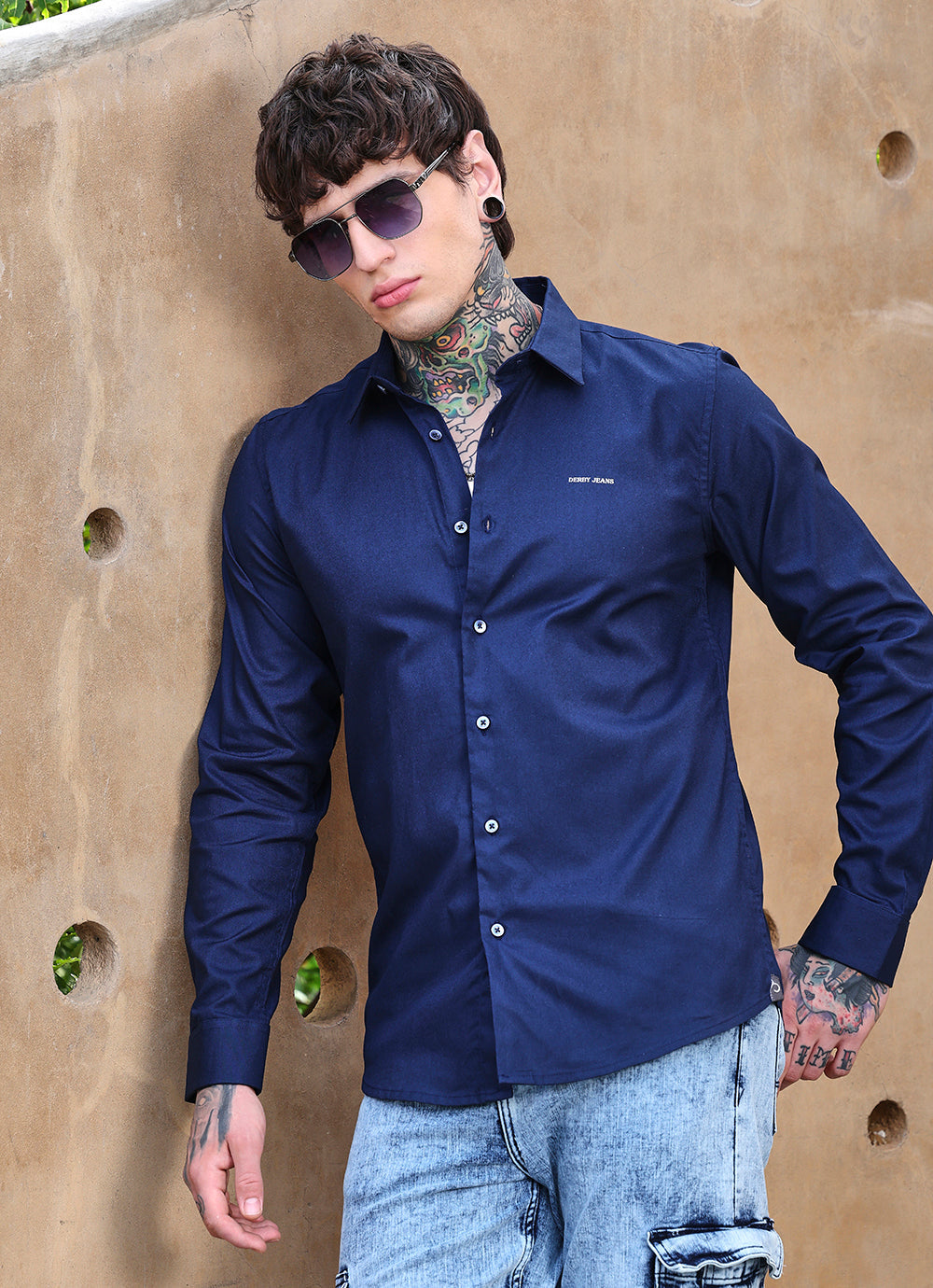 Navy Solids Crepe Satin Slim Fit Shirt