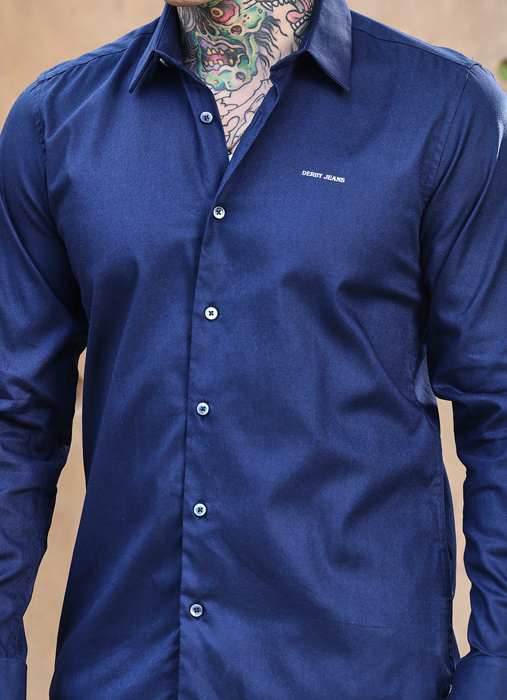 Navy Solids Crepe Satin Slim Fit Shirt