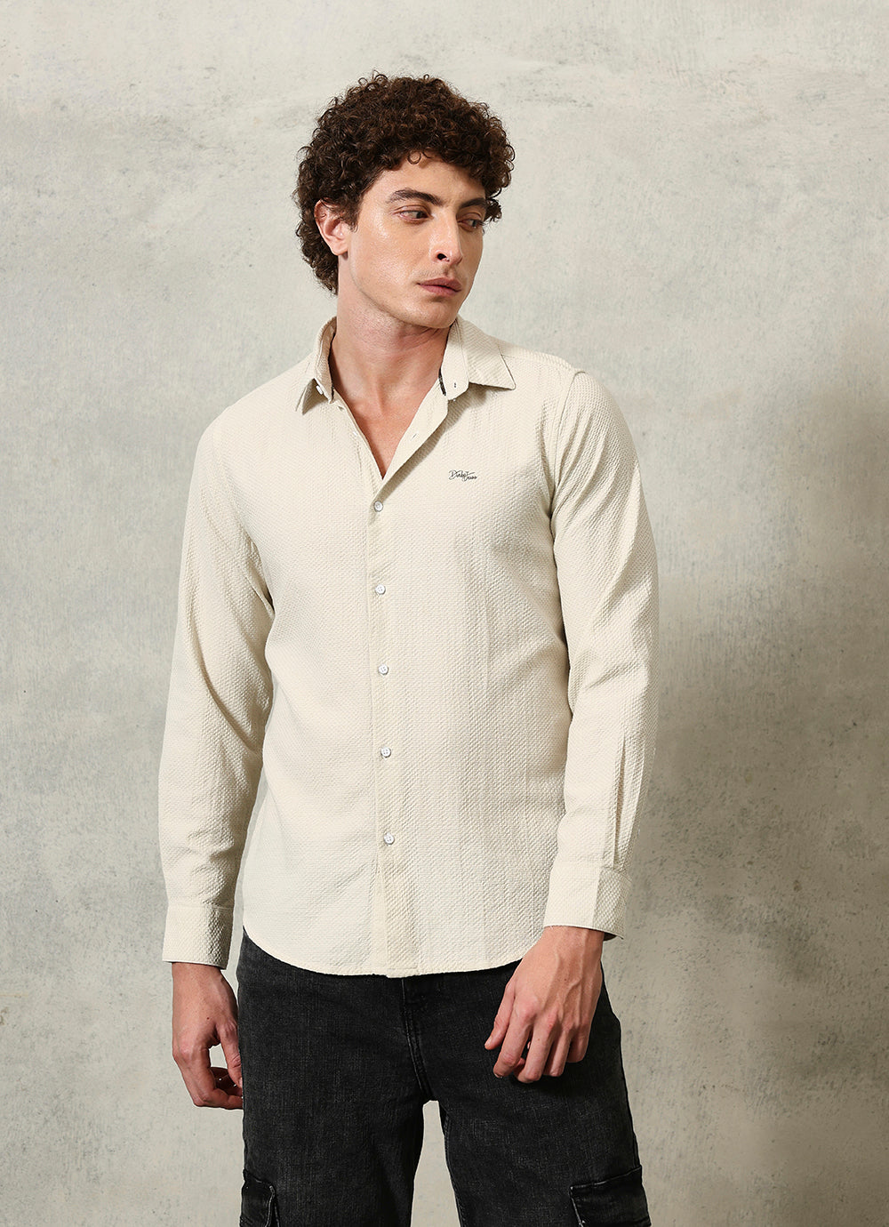 Beige Solids Cotton Slim Fit Shirt