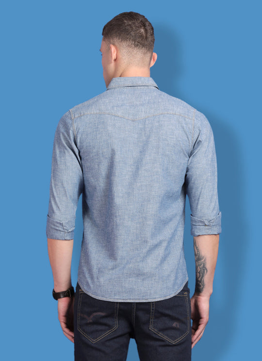 Plain Blue Slim Fit Shirt with Single Pocket
