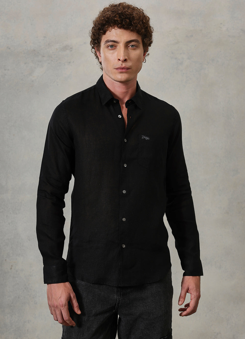 Black Solids Linen Slim Fit Shirt
