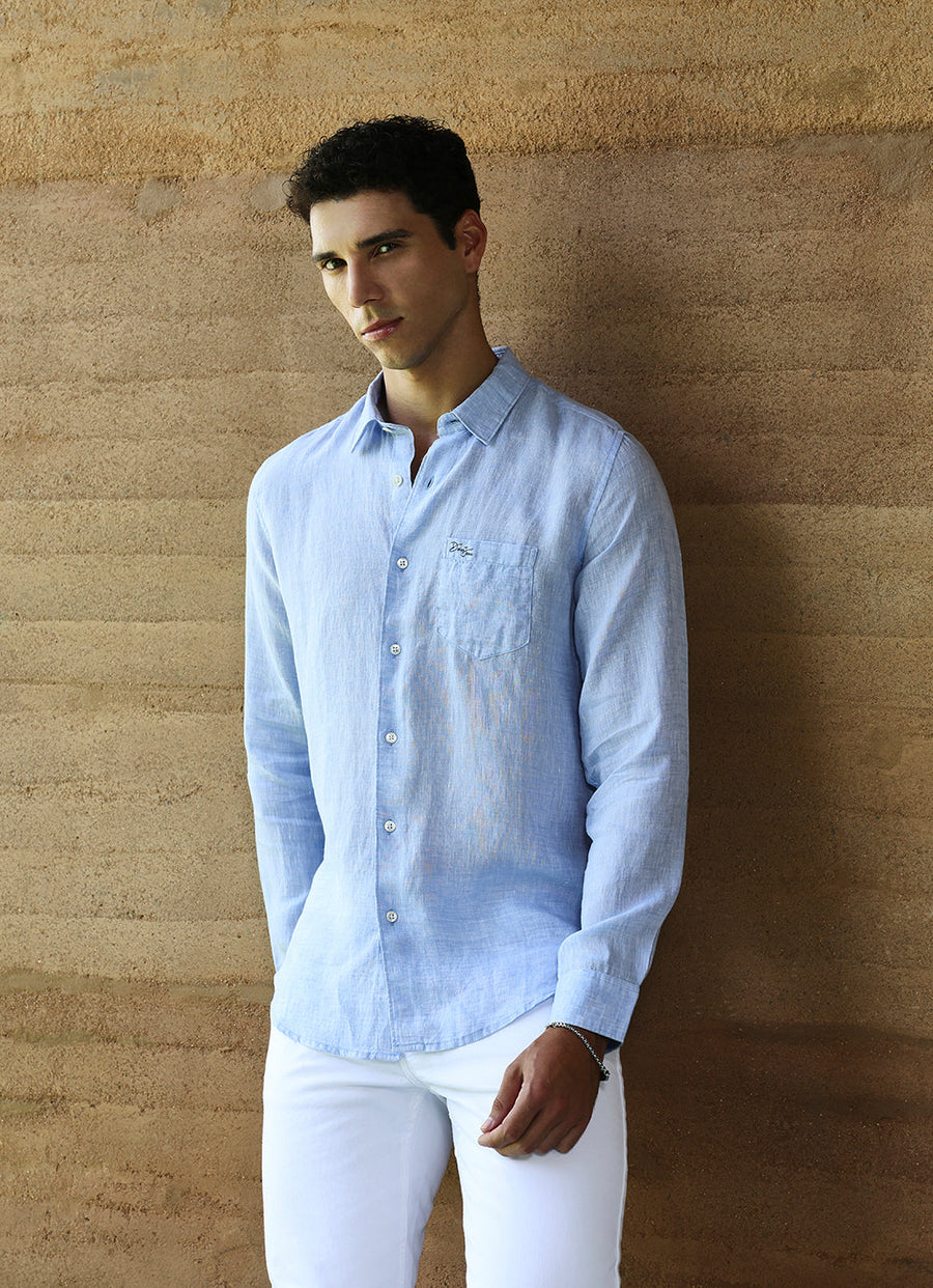 Blue Solids Linen Slim Fit Shirt