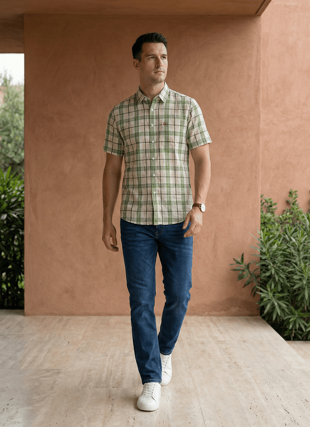 Green Cotton Dobby Checks Slim Fit Half Sleeve Shirt