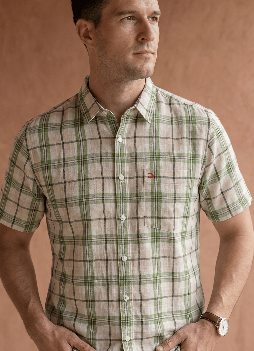 Green Cotton Dobby Checks Slim Fit Half Sleeve Shirt